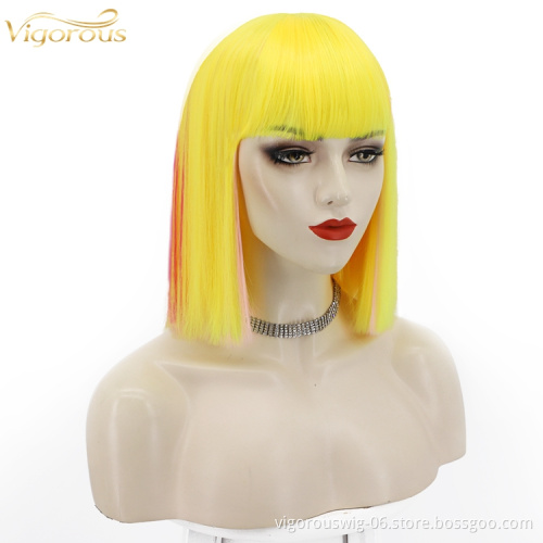 Yellow Highlight Red High Temperature Synthetic Bob Wigs With Flat Neat Bangs Short Straight Wigs for Women Wholesale
